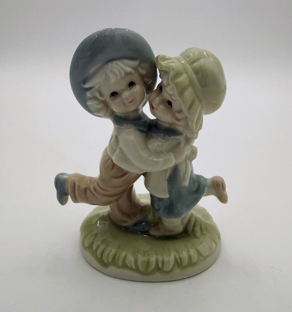 Vintage Taiwan Porcelain Children Hugging Figurine, Boy & Girl Ceramic Figure